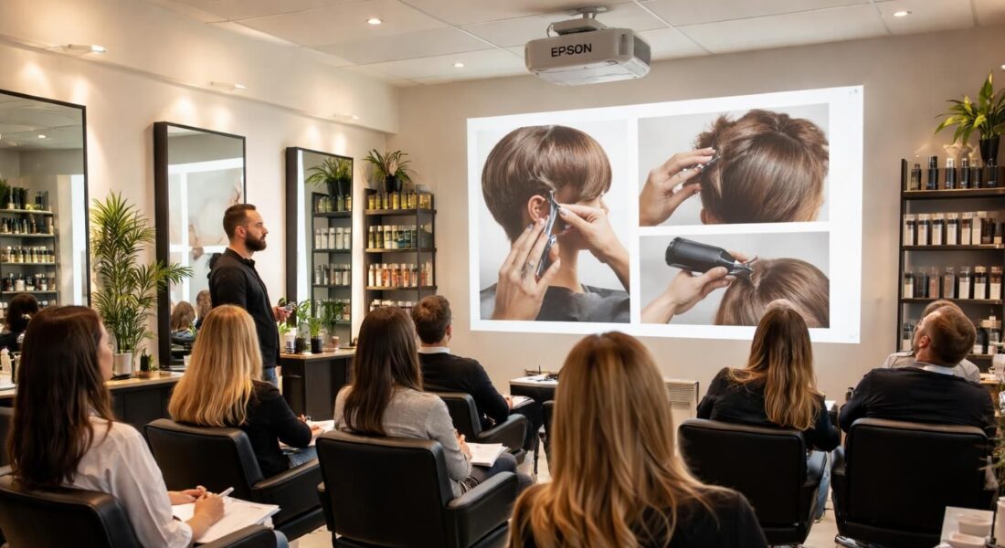 découvrez comment le vidéoprojecteur epson au salon de coiffure projette en grand des techniques de coiffure innovantes pour une formation et une démonstration visuelles exceptionnelles.