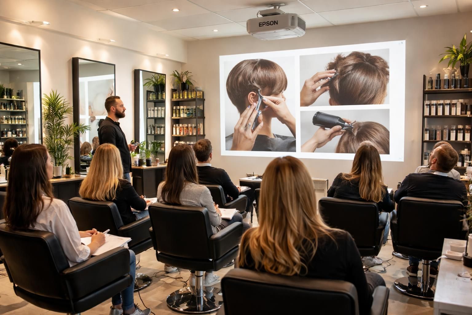découvrez comment le vidéoprojecteur epson au salon de coiffure projette en grand des techniques de coiffure innovantes pour une formation et une démonstration visuelles exceptionnelles.