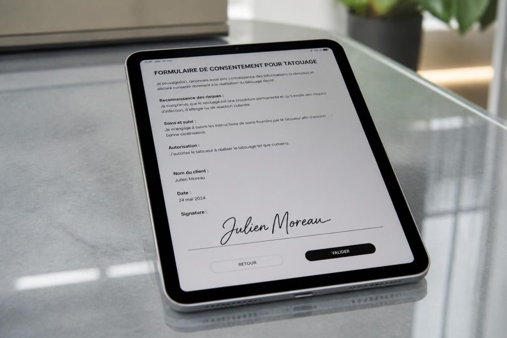 obtenez un consentement tatouage signé proprement et rapidement sur ipad, sans utiliser de papier, pour une expérience moderne et écologique.