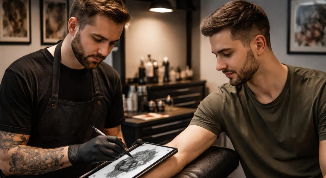 découvrez comment valider facilement l'emplacement parfait d'un tatouage en studio grâce à l'utilisation d'une tablette tactile pour un rendu précis et personnalisé.