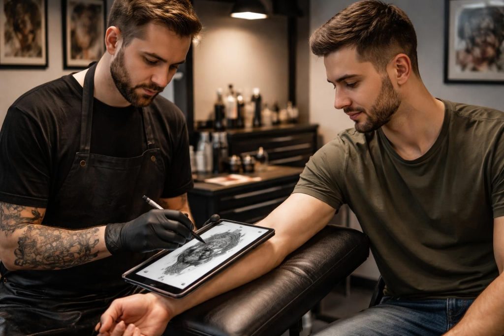découvrez comment valider facilement l'emplacement parfait d'un tatouage en studio grâce à l'utilisation d'une tablette tactile pour un rendu précis et personnalisé.