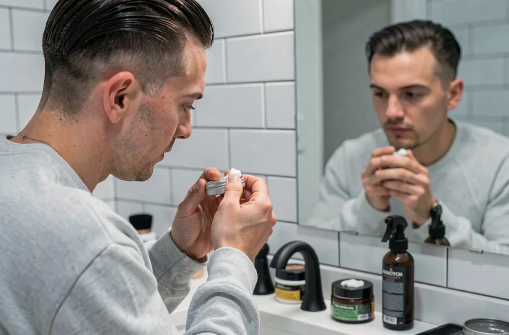 Homme appliquant de la cire coiffante sur ses cheveux en dégradé raie sur le côté devant un miroir de salle de bain avec produits coiffants