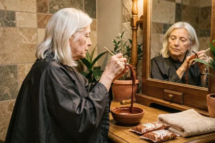 Femme aux cheveux blancs appliquant du henné avec un pinceau devant un miroir en bois, entourée d'accessoires de coloration naturelle