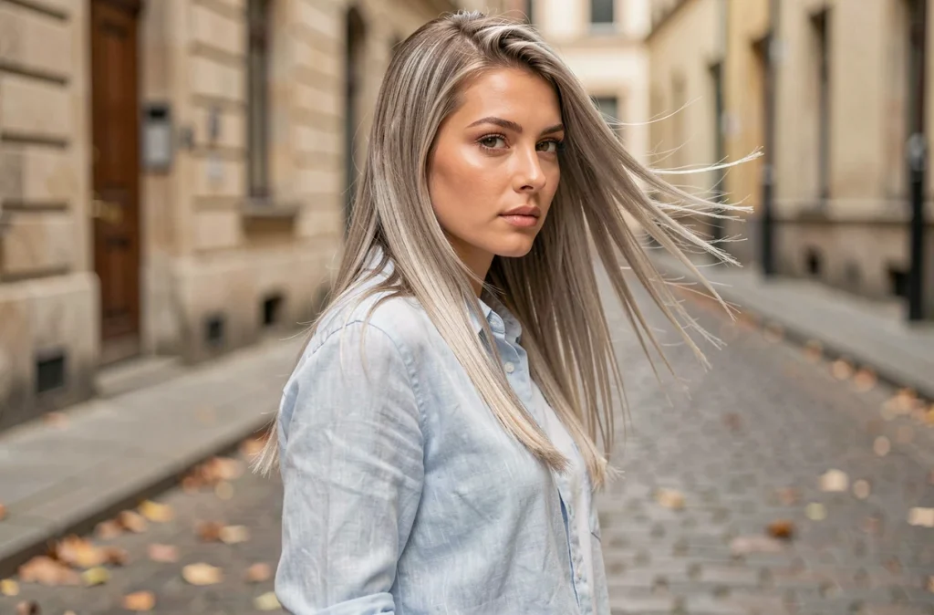 Jeune femme aux cheveux fins et raides avec une raie sur le côté et des couches longues, debout dans une rue pavée européenne en tenue en lin