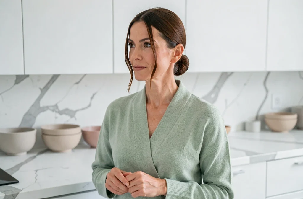 Femme d'une quarantaine d'années avec des cheveux fins raides châtains coiffés en chignon bas lisse, dans une cuisine moderne avec plan de travail en marbre