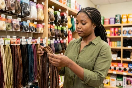Jeune femme noire comparant des mèches afro pour crochet braids dans un magasin de coiffure spécialisé