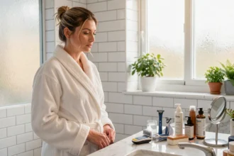 Femme en peignoir blanc devant un plan de travail de salle de bain avec des produits d'épilation et de rasage du maillot