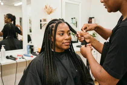 Coiffeuse spécialiste des box braids XXL travaillant sur les cheveux d'une cliente dans un salon afro parisien