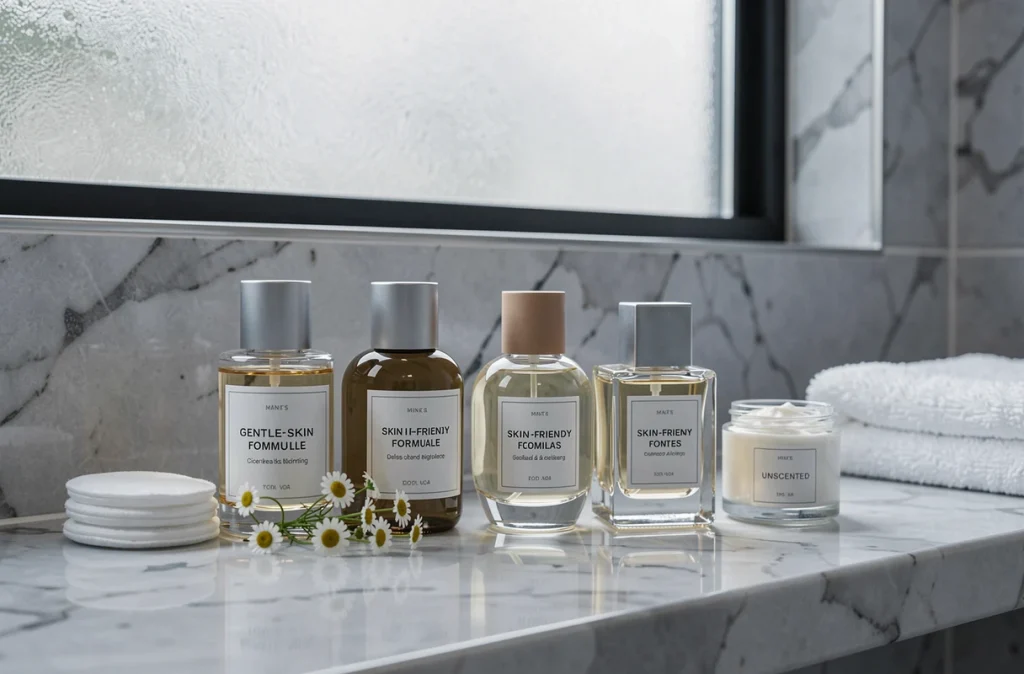 Collection de petits flacons de parfum doux pour peaux sensibles posés sur une tablette en marbre dans une salle de bain moderne avec camomille et cotons
