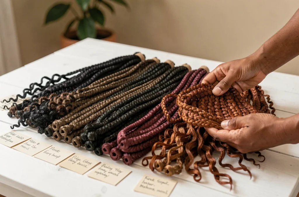 Différentes textures de mèches afro pour crochet braids comparées sur une table en bois blanc avec étiquettes descriptives