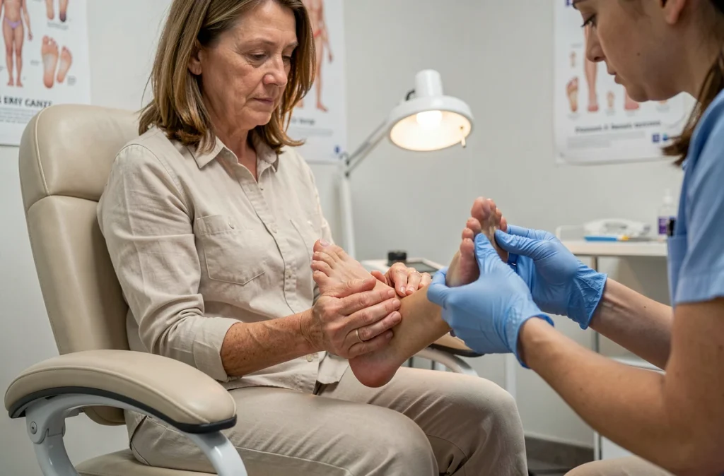 Patiente en consultation podologique avec un ongle arraché examiné par un professionnel de santé en gants médicaux