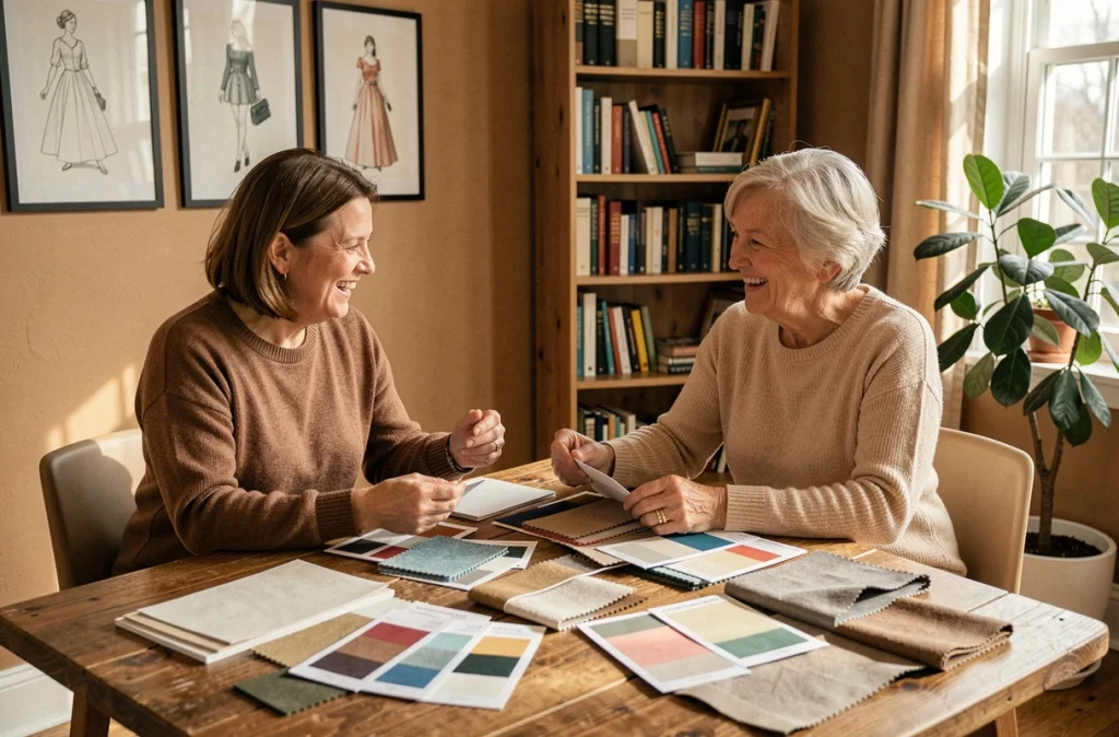 Styliste et cliente en consultation de relooking, examinant ensemble des nuanciers de couleurs et des échantillons de tissu sur une table en bois
