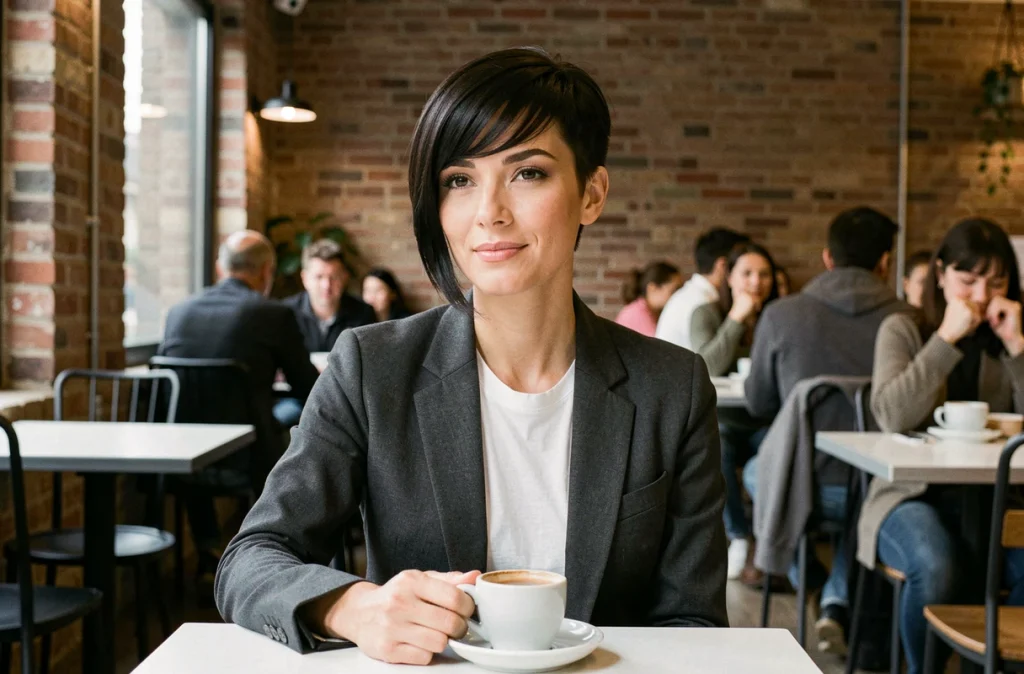 Femme aux cheveux fins et raides en coupe pixie texturée avec frange, assise dans un café parisien moderne en blazer gris