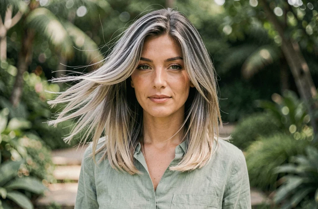 Femme aux cheveux mi-longs dégradé blond cendré en extérieur dans un jardin botanique, coiffure qui affine le visage