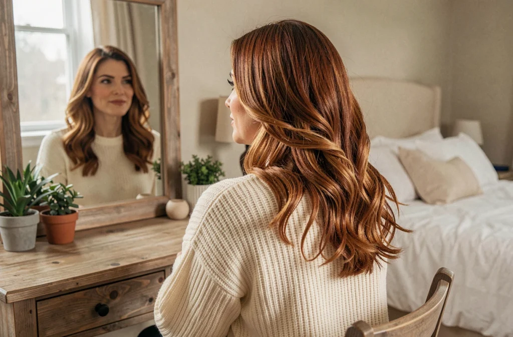 Femme aux cheveux mi-longs dégradé châtain cuivré devant un miroir de coiffeuse, coiffure adoucissant les traits du visage