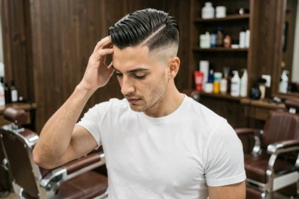 Homme aux cheveux coiffés en dégradé avec raie sur le côté dans un salon de coiffure moderne, produits coiffants visibles en arrière-plan