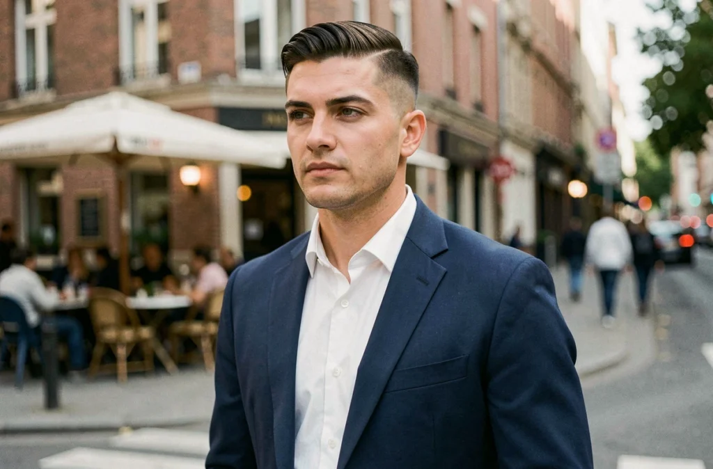 Homme élégant en veste marine avec coiffure dégradé raie sur le côté tenue toute la journée en extérieur dans une rue urbaine