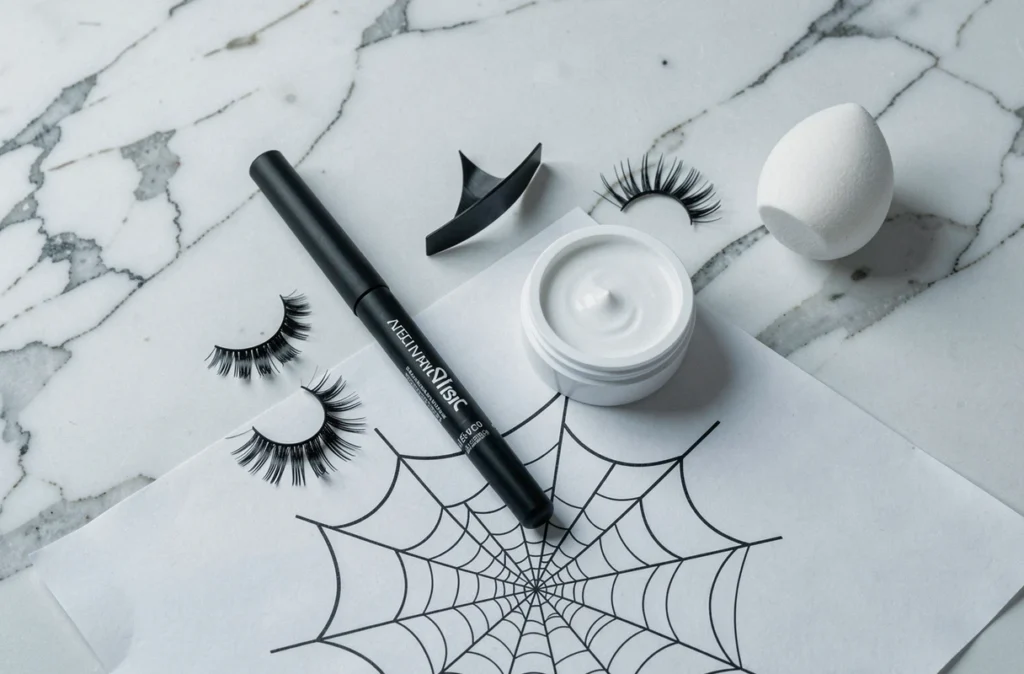 Deux produits de maquillage pour réaliser un maquillage d'araignée posés sur un comptoir en marbre blanc avec un croquis de toile d'araignée