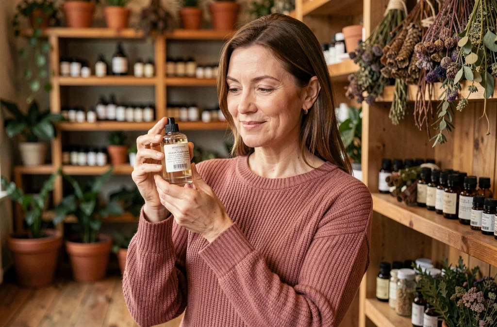 Femme mature aux peaux sensibles lisant l'étiquette d'un parfum alternatif naturel dans une boutique botanique aux étagères en bois et plantes vertes