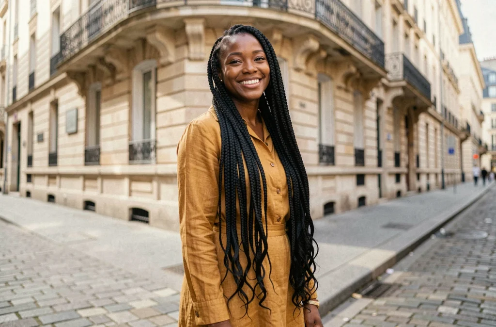Femme affichant ses box braids XXL dans une rue parisienne avec architecture haussmannienne en arrière-plan