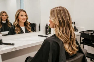 Femme aux cheveux fins coiffés en ondulations légères dans un salon de coiffure moderne