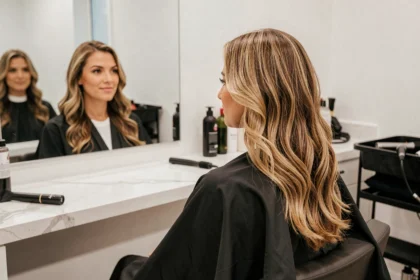 Femme aux cheveux fins coiffés en ondulations légères dans un salon de coiffure moderne