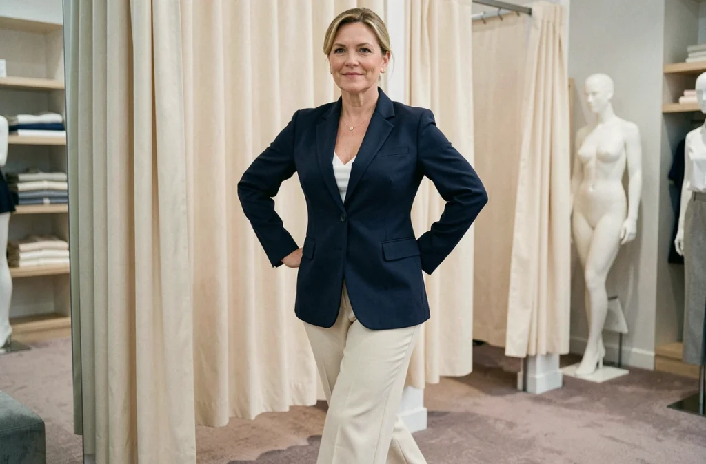 Femme épanouie sortant d'une cabine d'essayage portant un blazer marine et un pantalon crème, rayonnant de confiance après une séance de relooking