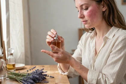 Femme aux peaux sensibles appliquant un parfum doux alternatif sur son poignet devant une coiffeuse en bois avec des flacons minimalistes