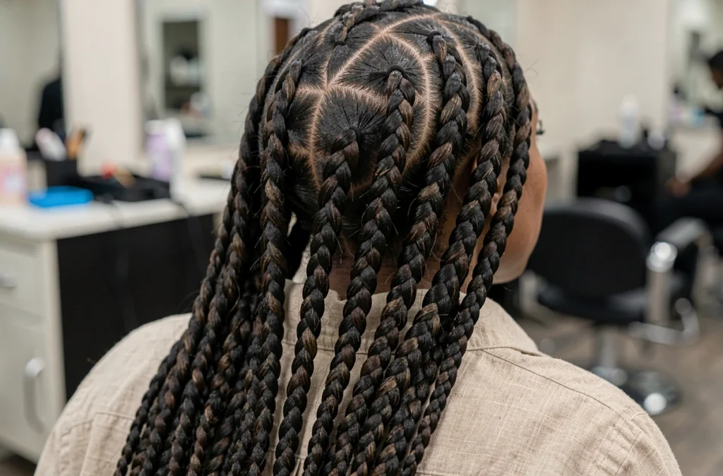 Gros plan sur des box braids XXL parfaitement réalisées montrant la technique de tressage et la finition au scalp