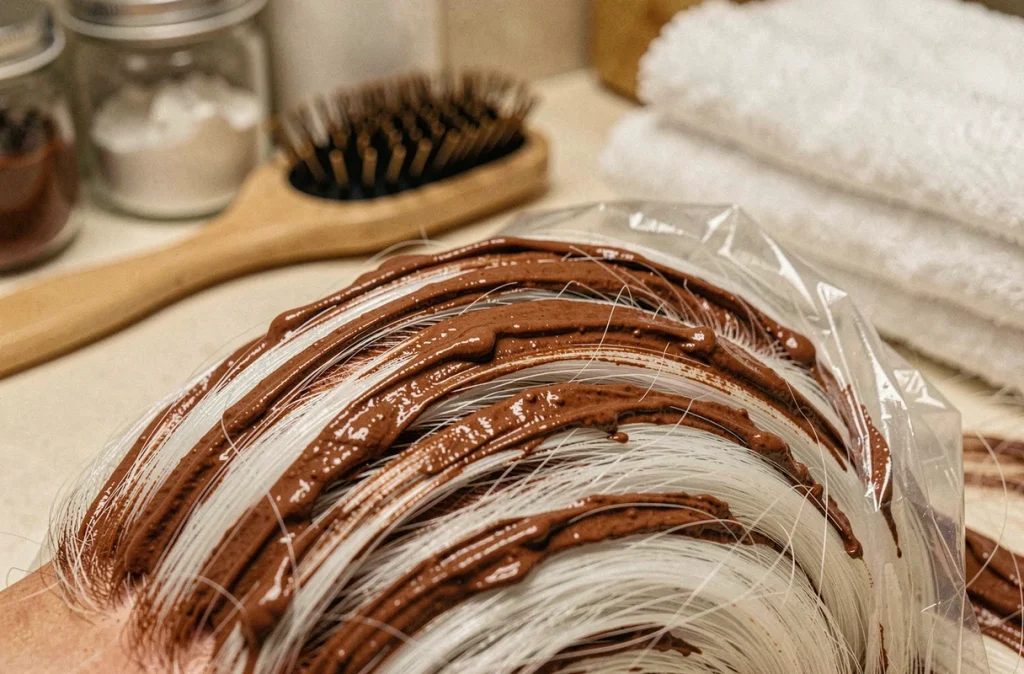 Gros plan de mèches de cheveux blancs recouvertes de pâte de henné brun-rouge avec film plastique, posées sur un comptoir de salle de bain