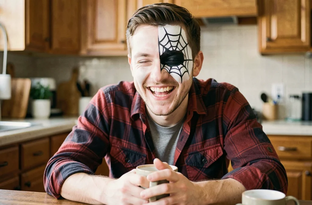 Homme avec un maquillage d'araignée noir et blanc sur la joue, souriant dans une cuisine en tenant une tasse de café