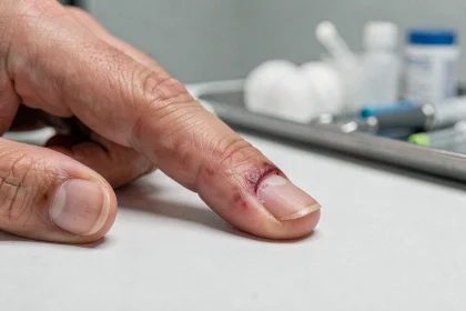 Gros plan d'un doigt avec un ongle meurtri et enflé après un choc traumatique, posé sur une table médicale blanche