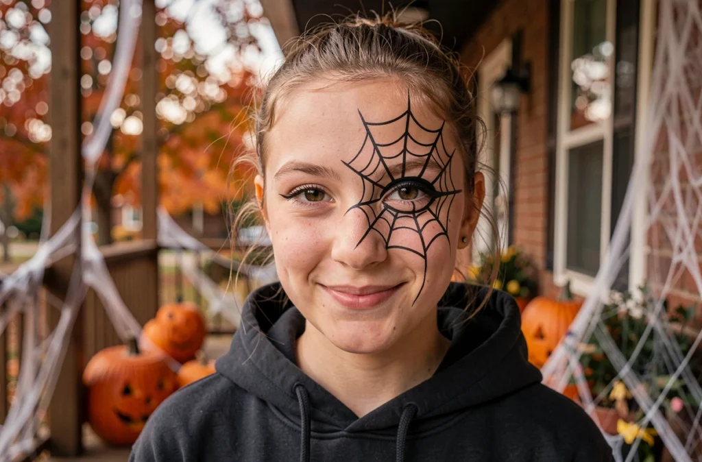 Adolescente avec un maquillage d'araignée fait maison autour de l'œil, debout sur un porche décoré pour Halloween