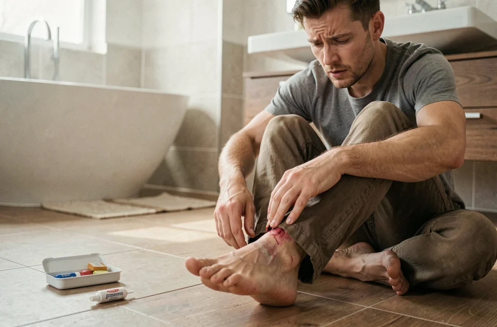 Homme assis sur le sol de sa salle de bain examinant un ongle de pied décollé et enflammé après un arrachage accidentel