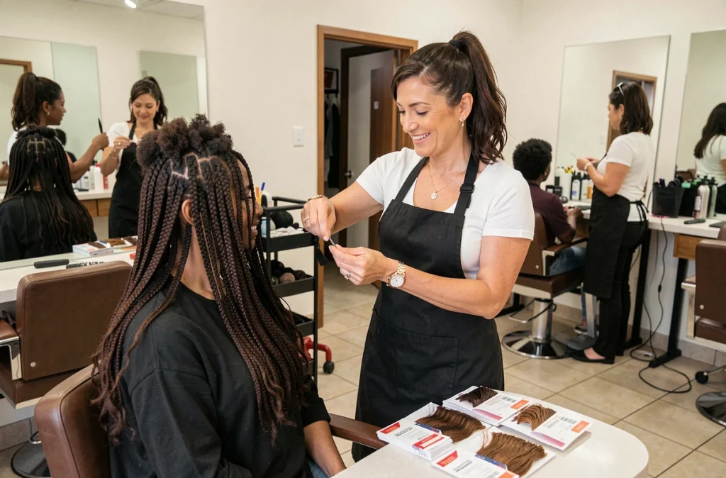 Coiffeuse professionnelle installant des crochet braids avec des mèches afro kinky sur une cliente dans un salon de coiffure