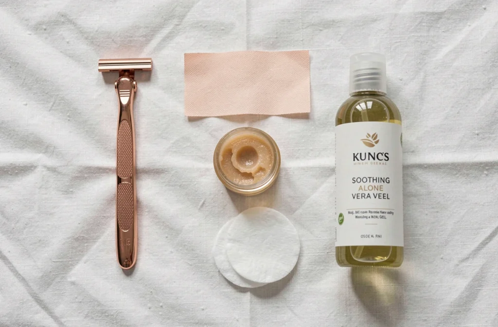 Flat lay de produits de rasage et d'épilation pour le maillot : rasoir, bandes de cire et gel apaisant sur fond de lin blanc