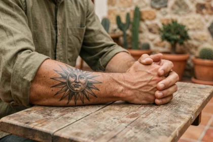 Tatouage soleil noir et gris sur l'avant-bras d'un homme avec motifs géométriques et mandala
