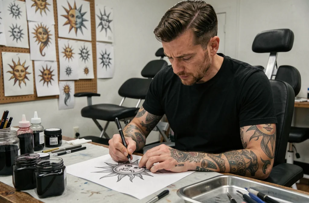 Tatoueur dessinant un motif de tatouage soleil dans un studio professionnel
