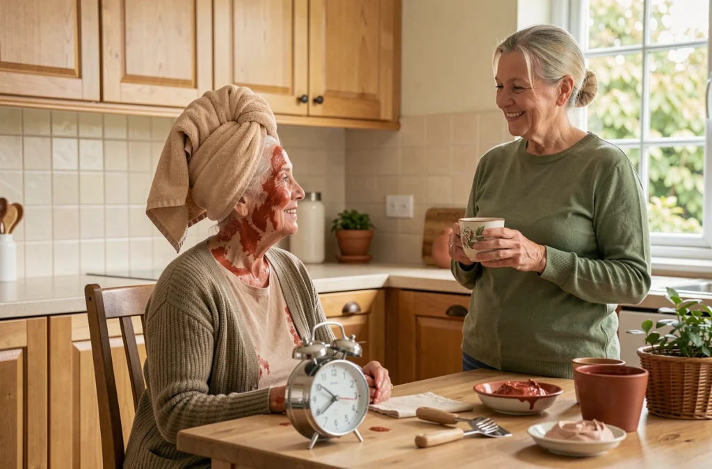 Deux femmes aux cheveux blancs dans une cuisine, l'une avec du henné posé et une serviette sur la tête à côté d'un minuteur, l'autre lui offrant une tasse de thé