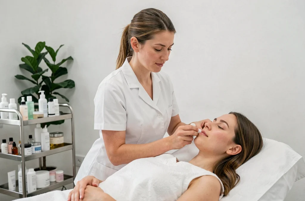 Esthéticienne réalisant un soin du visage à l'institut Absolu'e de Nîmes
