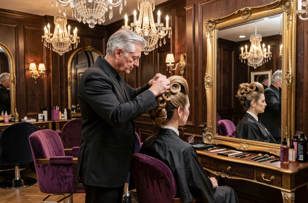 Maître coiffeur Alexandre Haute Coiffure réalisant un chignon élaboré pour une cliente à Bordeaux