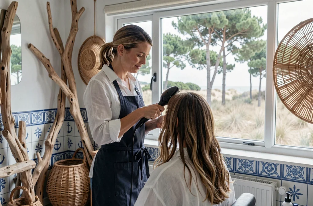 Salon Arcachon Paris avec une coiffeuse et une cliente dans un cadre inspiré du Bassin d'Arcachon