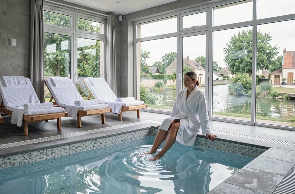 Espace spa avec piscine relaxante et chaises longues au bord du canal à l'Azur Bien Etre de Briare