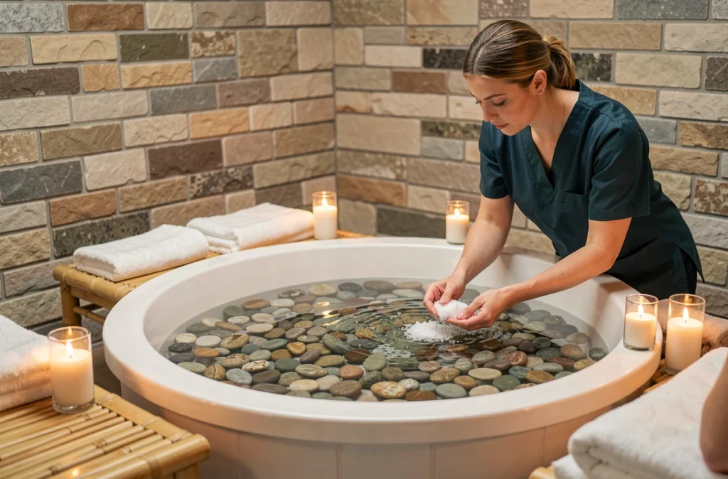 Cabine de balnéothérapie avec bain minéral et thérapeute en préparation au Balnéospa d'Orléans