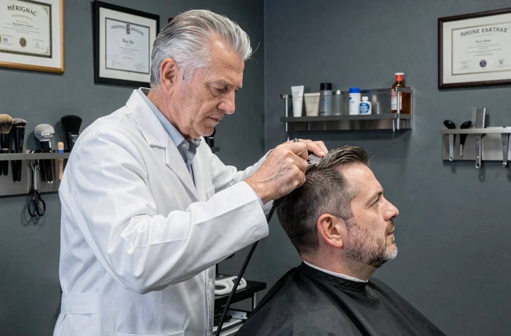 Bernard Ferreira, coiffeur expérimenté à Mérignac, réalisant une coupe homme précise au rasoir