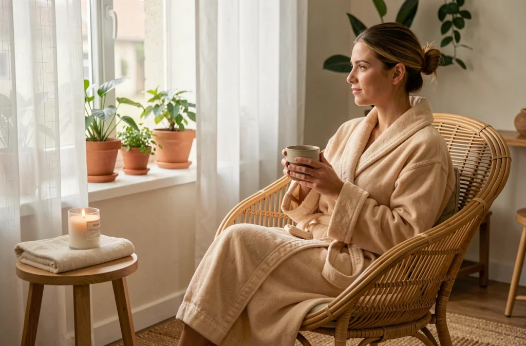 Cliente détenue dans un espace bien-être cosy avec tisane et lumière naturelle à la Bulle d'Evasion à Orléans