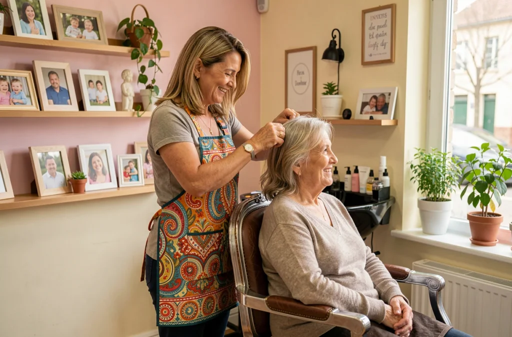 Coiffeuse Katia du salon C'Katia au Bouscat coiffant une cliente fidèle dans un cadre chaleureux
