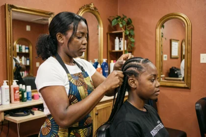 Coiffeuse spécialisée en tresses africaines réalisant des cornrows sur une cliente dans un salon abordable du quartier