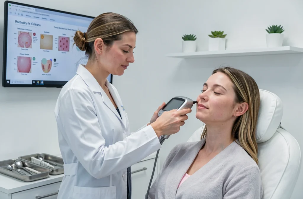 Spécialiste effectuant une analyse de la peau avec un appareil professionnel en cabine au Derma Studio d'Orléans