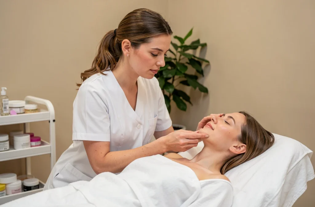 Esthéticienne réalisant un soin du visage sur une cliente dans la cabine épurée d'Essensea Elle à Orléans